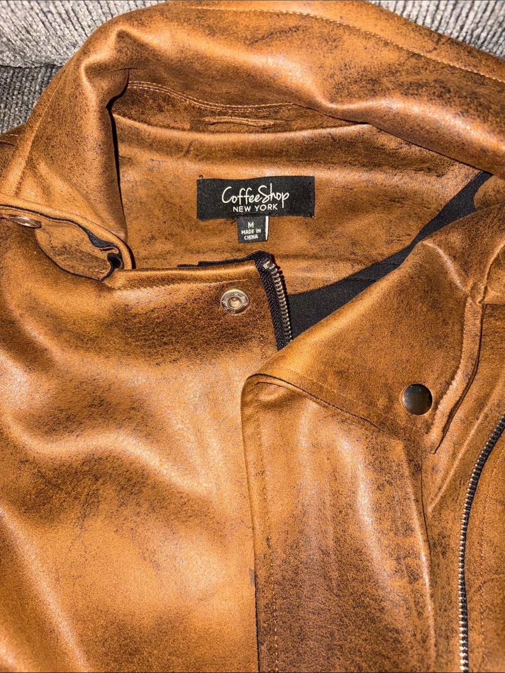 CoffeeShop Women's Distressed Brown Faux Leather Jacket